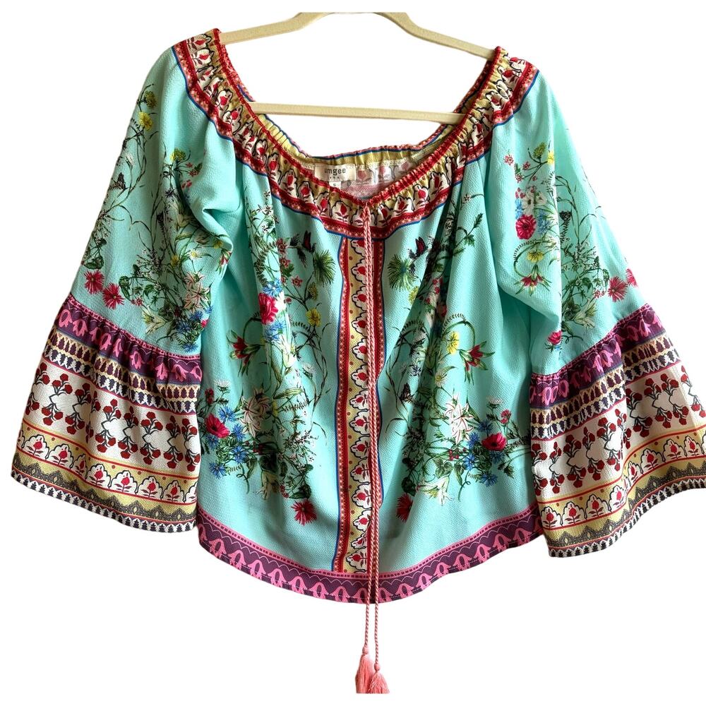 Umgee Bell Sleeve Off the Shoulder Floral Boho Blouse GUC with Tassle Feature